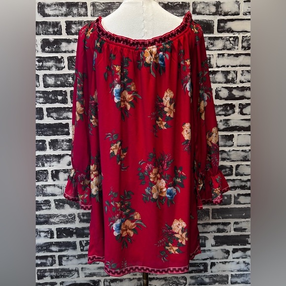 Flying Tomato Boho Chic Red Floral Off Shoulder Ruffled Bell Sleeve Dress Size L - Picture 6 of 9